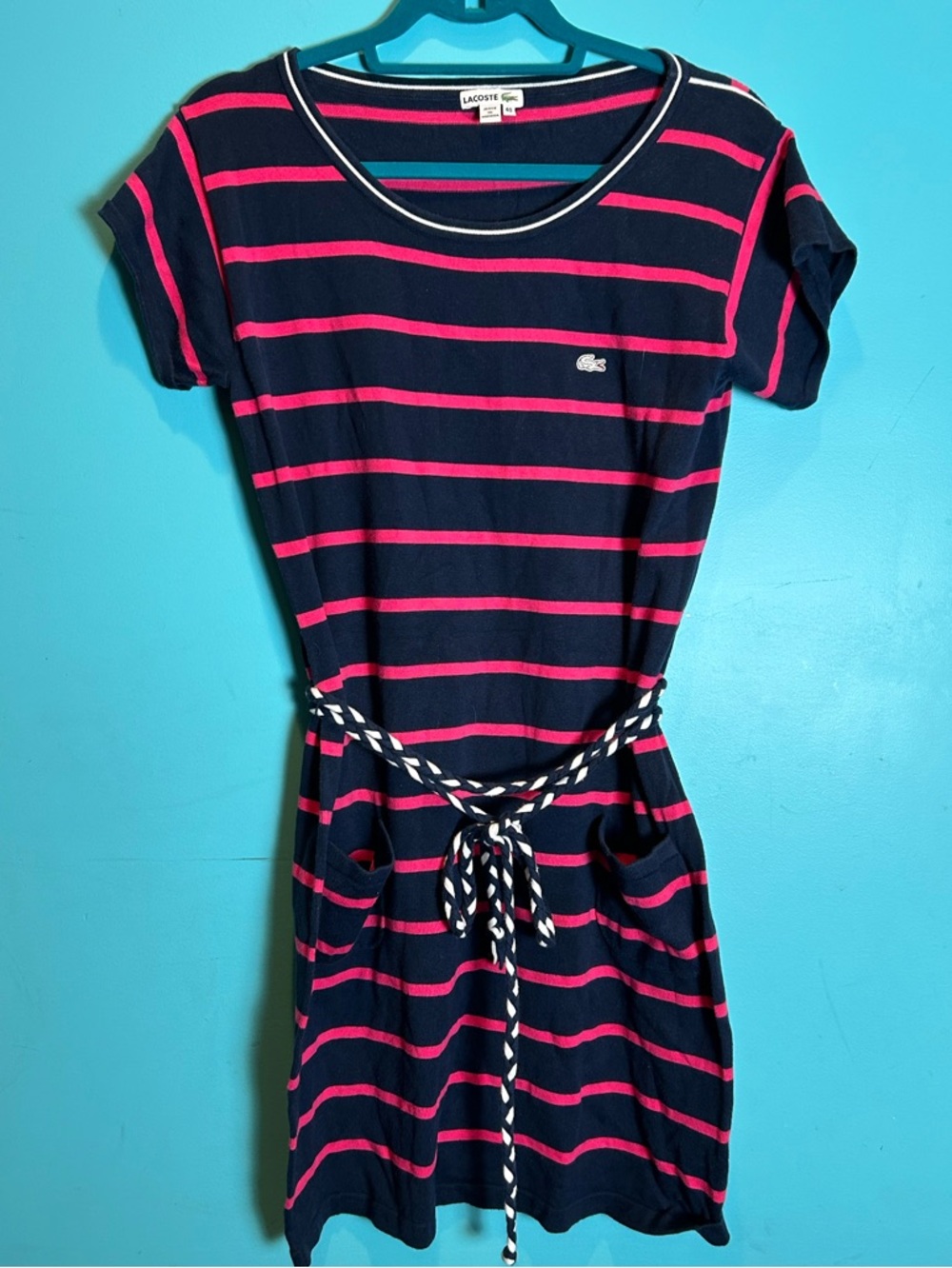 Lacoste Navy and Pink Striped Rope-Waist Tee Dress